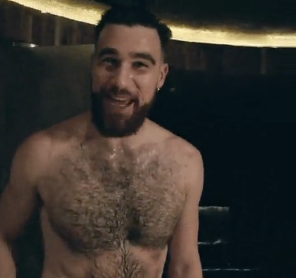 Travis Kelce fans go wild over video of him shirtless, wearing a towel