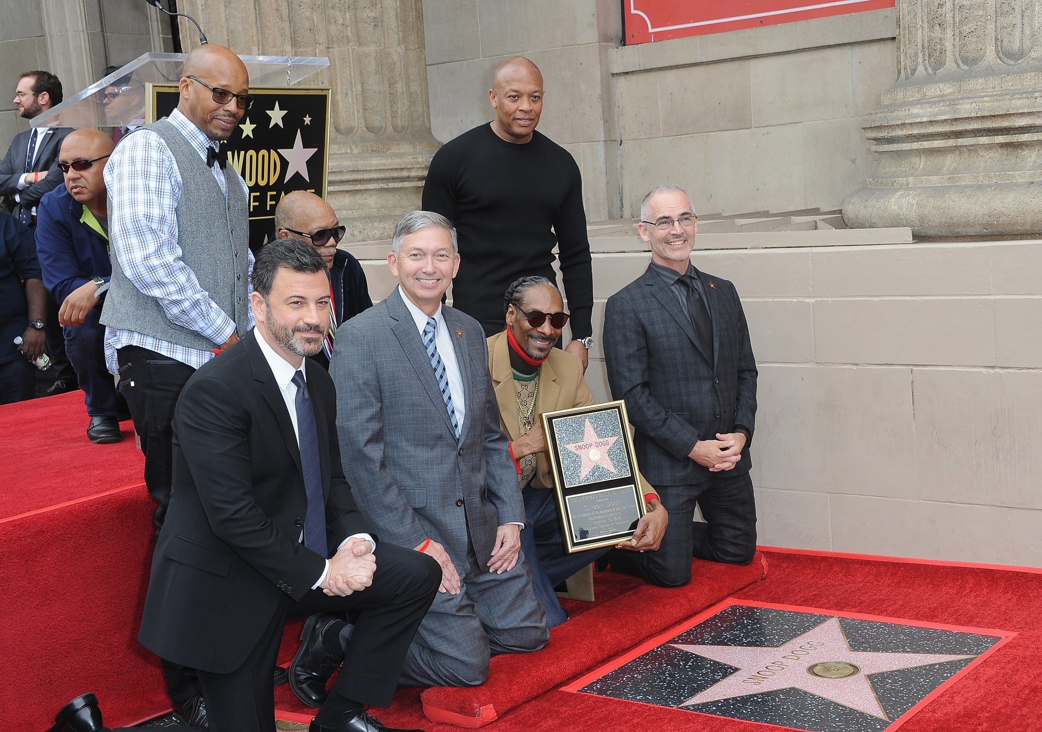 (L-R) Warren G, Quincy Jones, Dr. Dre, Jimmy Kimmel, Leron Gubler, Snoop Dogg and Mitch O’Farrell at The Hollywood Walk of Fame on Nov. 19, 2018 in Hollywood.