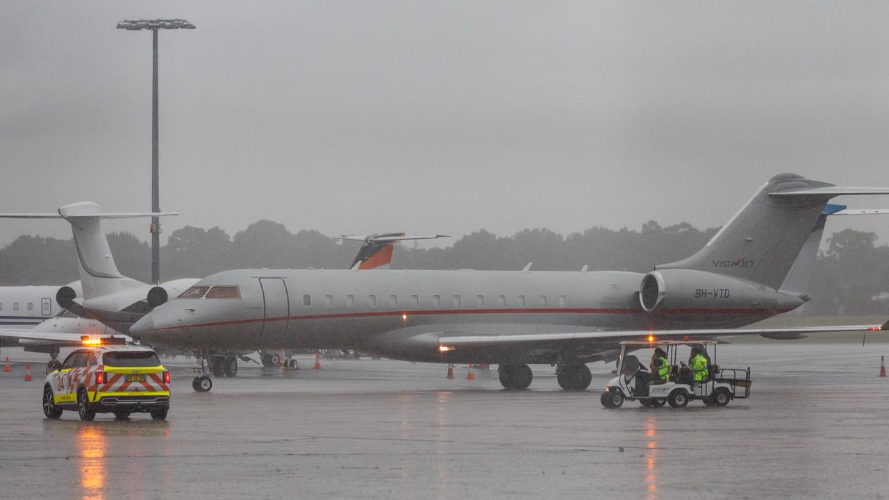 Taylor Swift’s private jet arrived at Sydney airport today in the middle of a heavy storm. Picture: NCA NewsWire / David Swift