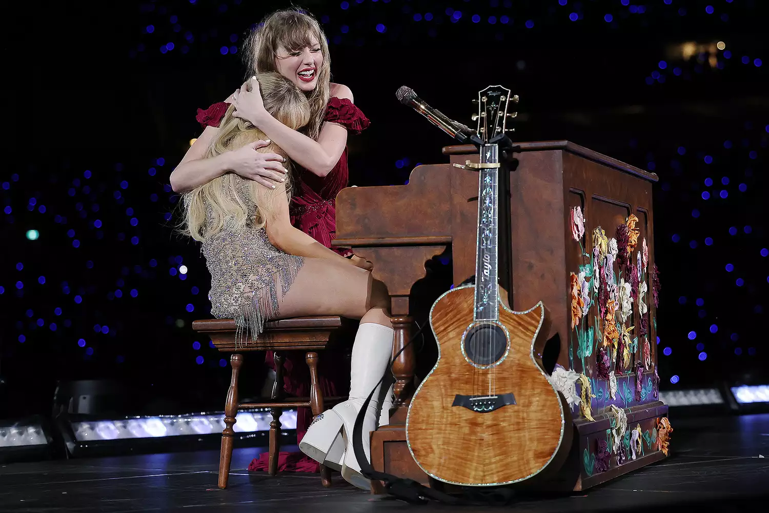 Taylor Swift performs with Sabrina Carpenter at Accor Stadium on February 23, 2024 in Sydney, Australia.