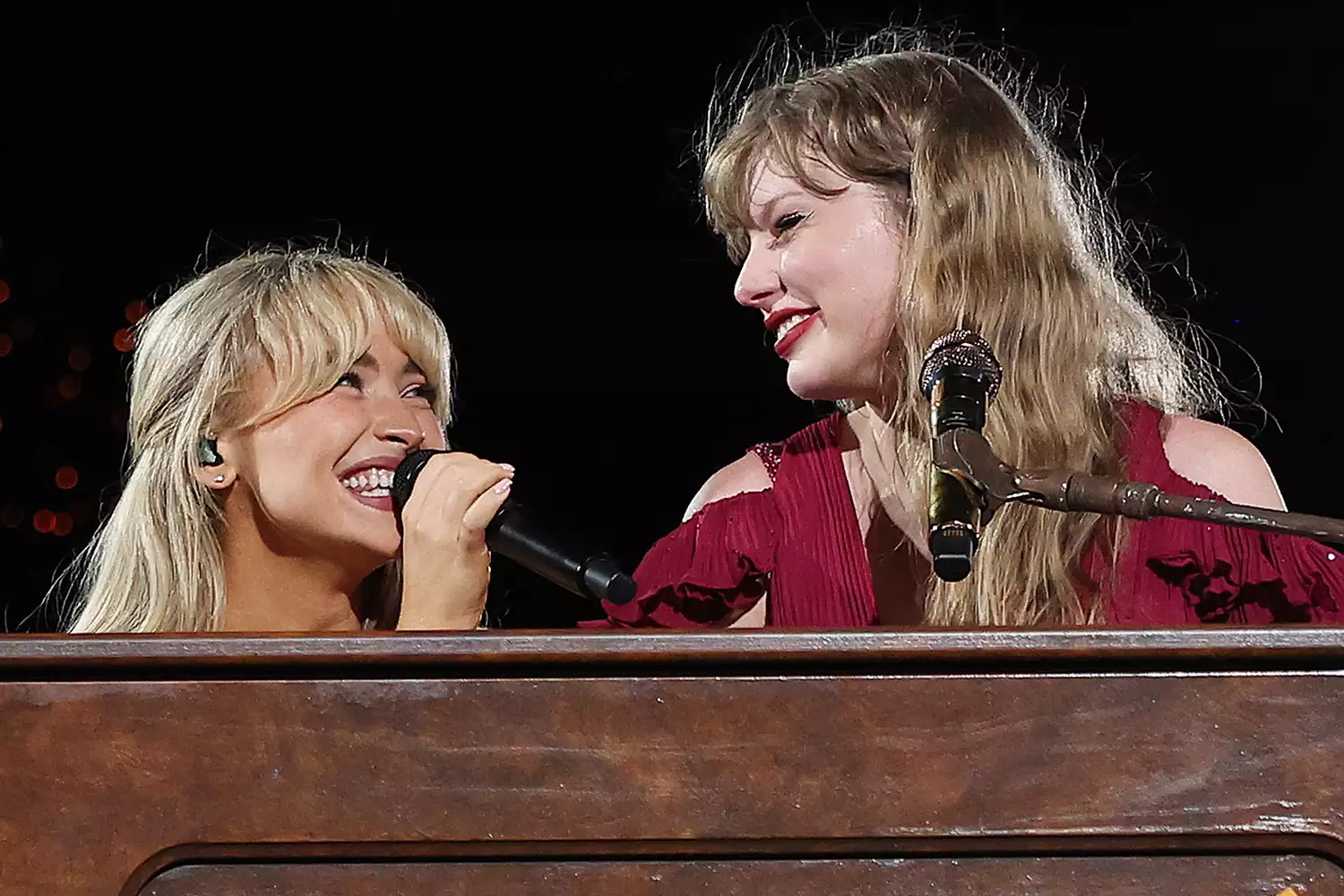 Taylor Swift performs with Sabrina Carpenter at Accor Stadium on February 23, 2024 in Sydney, Australia.