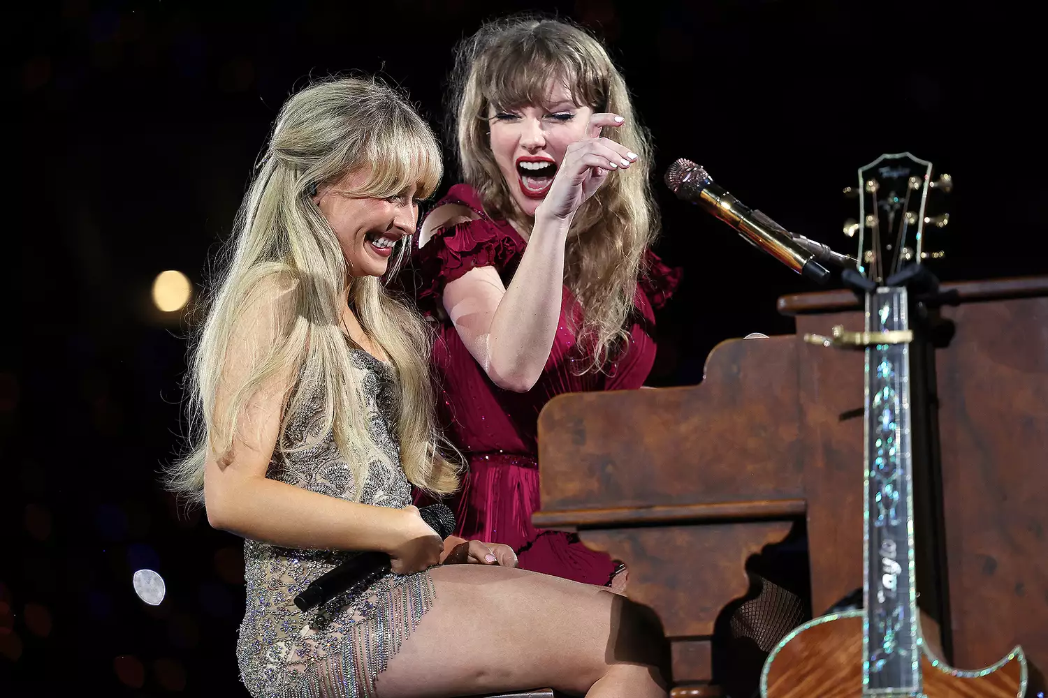 Taylor Swift performs with Sabrina Carpenter at Accor Stadium on February 23, 2024 in Sydney, Australia.