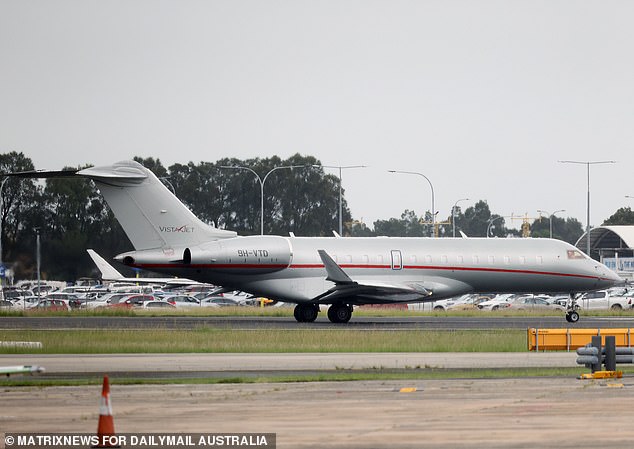 The Bombardier Global 6000, which both Taylor and her boyfriend Travis Kelce used to travel into Australia, was seen taxiing down the runway at around midday