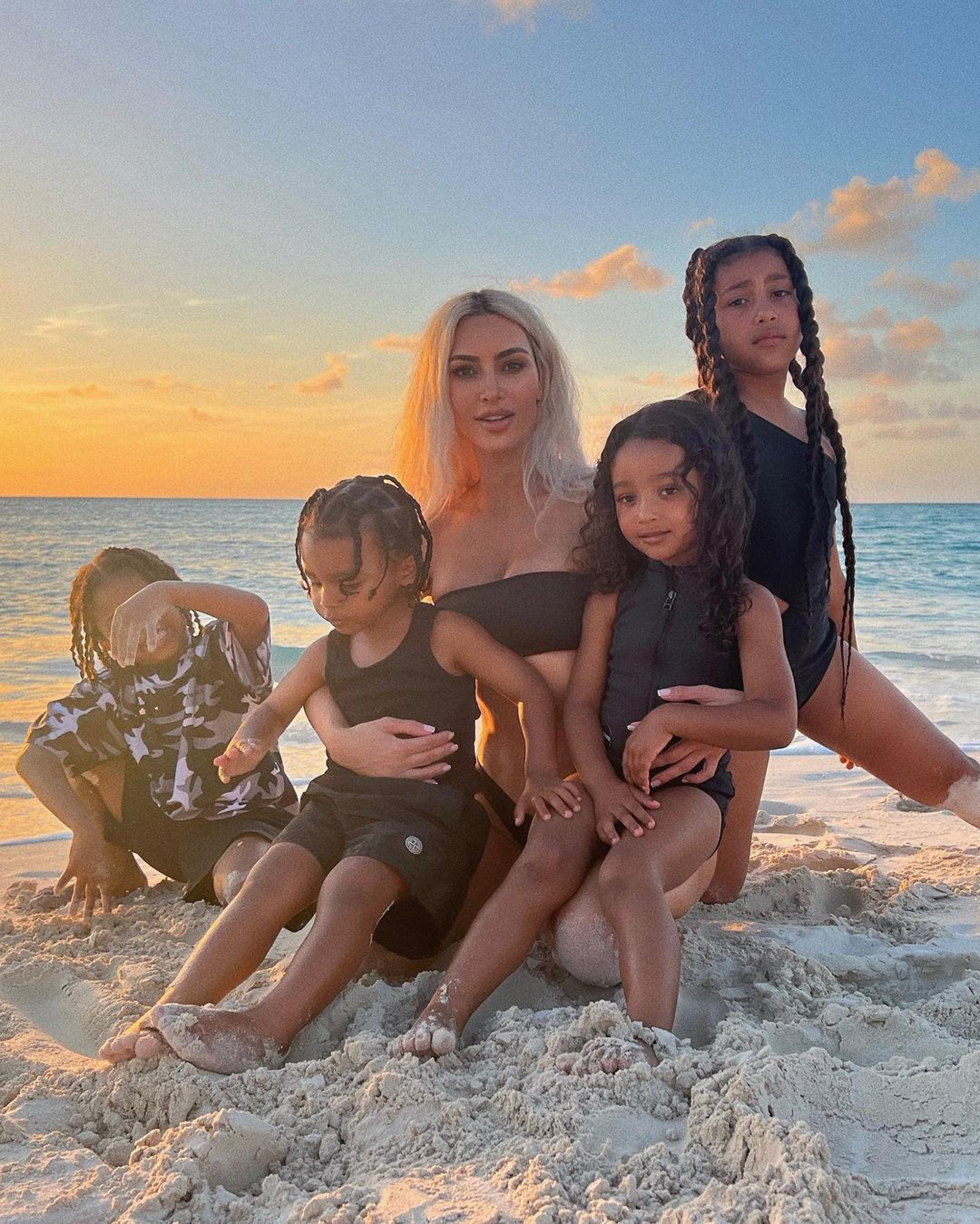 Kim Kardashian and her kids at the beach.