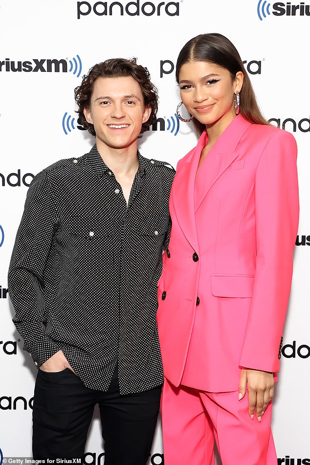 Unbothered: The romantic couple and Spider-Man co-stars had a discussion about 'ridiculous' stereotypes for tall women and short men and incessant talk of their height difference on Friday at SiriusXM Town Hall; pictured above