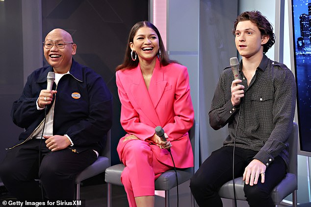 Getting into it: 'I wanted to ask you guys because in the first, in, in Far from Home when MJ and Peter kiss and Zendaya, you're taller than Tom and it became this, this thing,' host Jessica Shaw said as the pair laughed alongside co-star Jacob Batalon