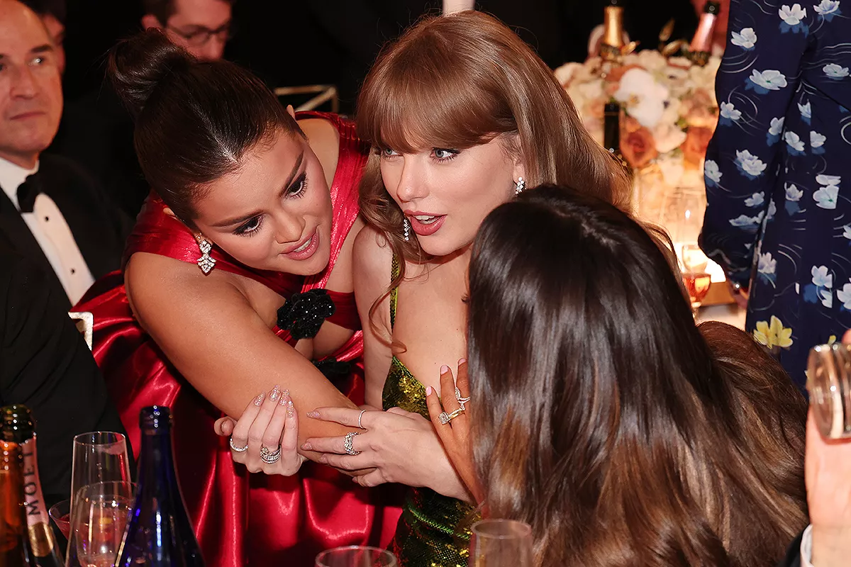 Selena Gomez and Taylor Swift at the 81st Golden Globe Awards held at the Beverly Hilton Hotel on January 7, 2024 in Beverly Hills, California.