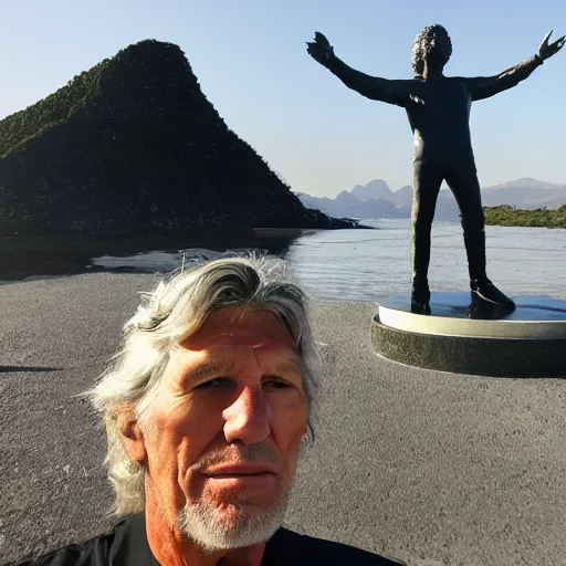 roger waters takes selfie with eastern island statue, | Stable Diffusion