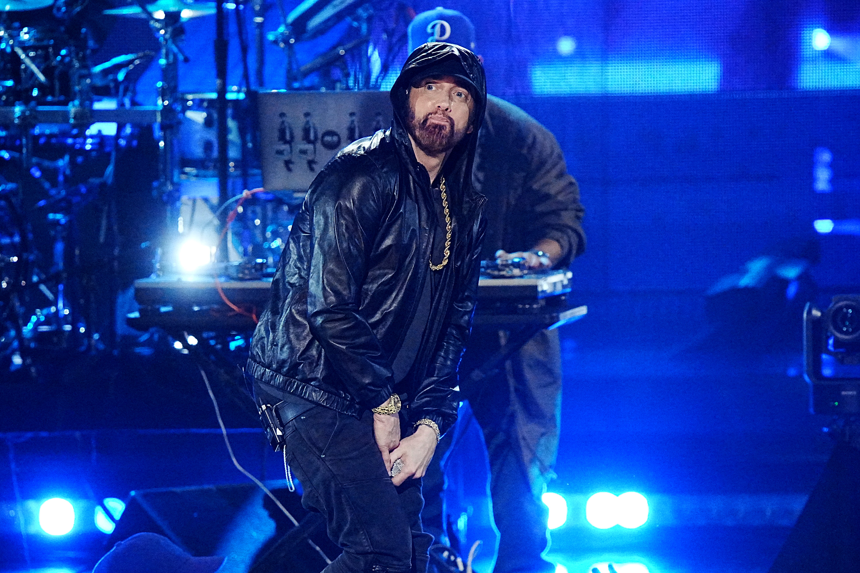 Eminem performing at the 2022 Rock & Roll Hall Of Fame Induction Ceremony.