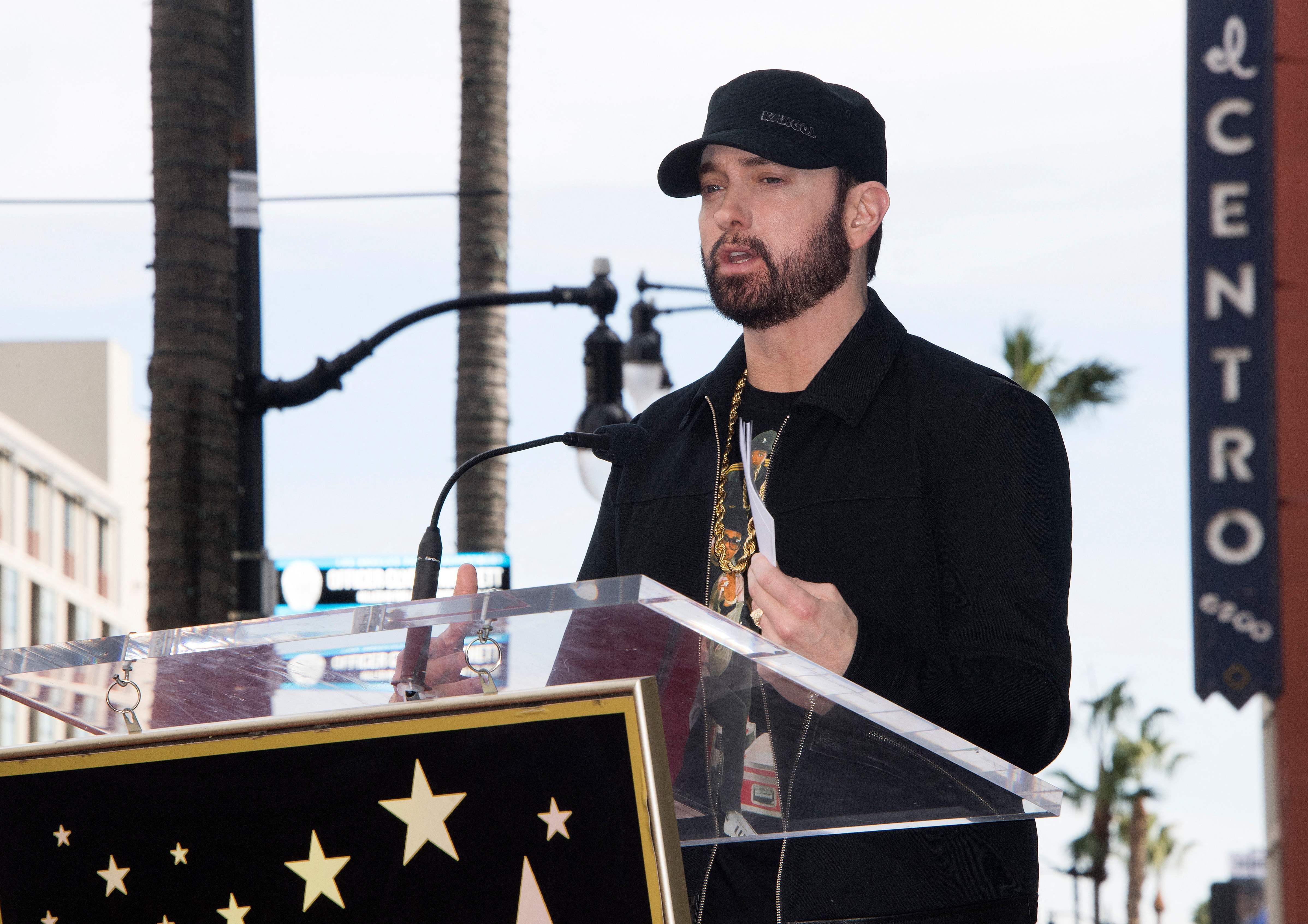 Eminem speaking during 50 Cent's Star on The Hollywood Walk of Fame Ceremony in 2020.