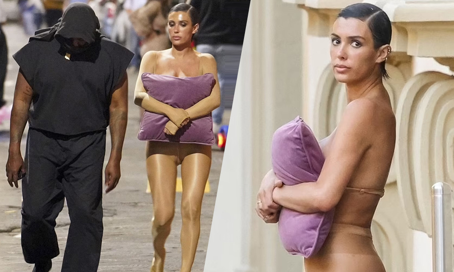 Vợ Kanye West gần như cởi trần, ôm gối che ngực ra phố - Ngôi sao