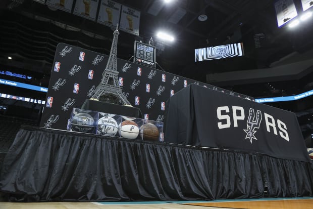 Jun 24, 2023; San Antonio, TX, USA; General view of the stage before a press conference at AT&T Center.