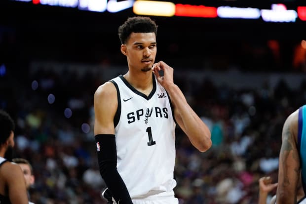 Jul 7, 2023; Las Vegas, NV, USA;  San Antonio Spurs forward Victor Wembanyama (1) competes during the second half against the Charlotte Hornets at Thomas & Mack Center.