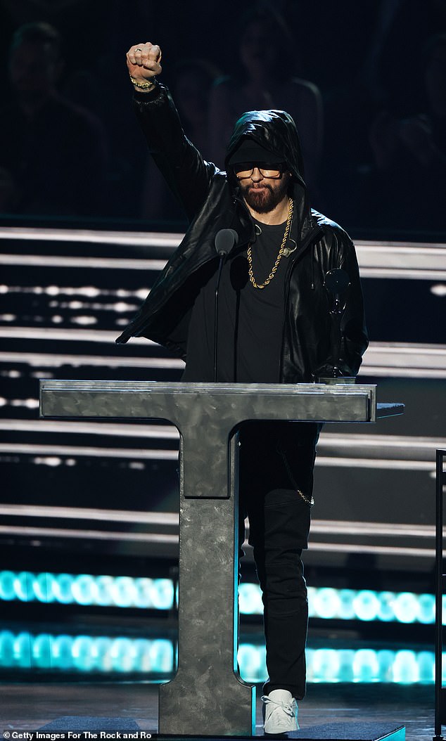 Respect: Eminem acknowledged many of his hip hop heroes, more than 100 in all, during his induction speech into the Rock & Roll Hall of Fame that was held at the Microsoft Theater in Los Angeles on Saturday