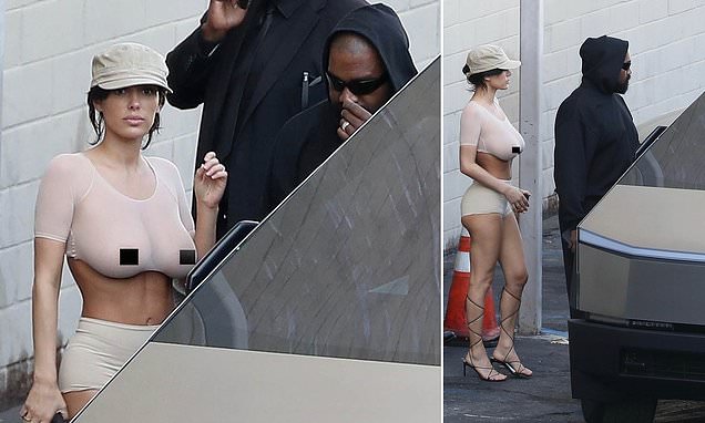 Kanye West and braless wife Bianca Censori look confused as they get locked  out of their Tesla Cybertruck following cinema date | Daily Mail Online