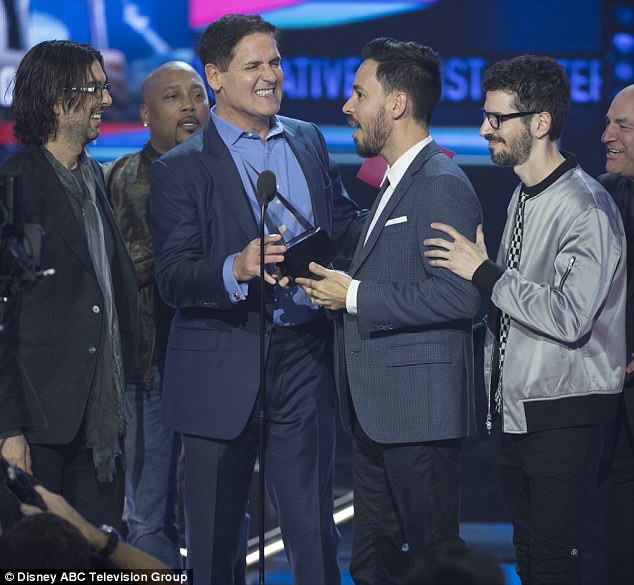 Surprise: Linkin Park even surprised the audience at the annual event as Mark Cuban - who announced the category winner - believed the band to be absent