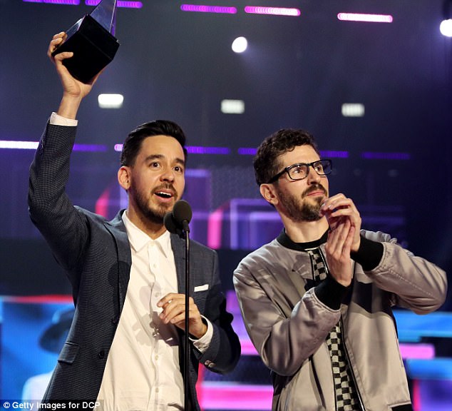 Thankful: And as they accepted they award, Shinoda said: 'We want to dedicate this award to Chester, to his memory, to his talent, to his sense of humor, to his joy.'