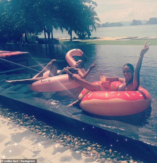 First we lounge: The mom of one shared snaps sitting pool side and hanging with a friend on floaties in the pool