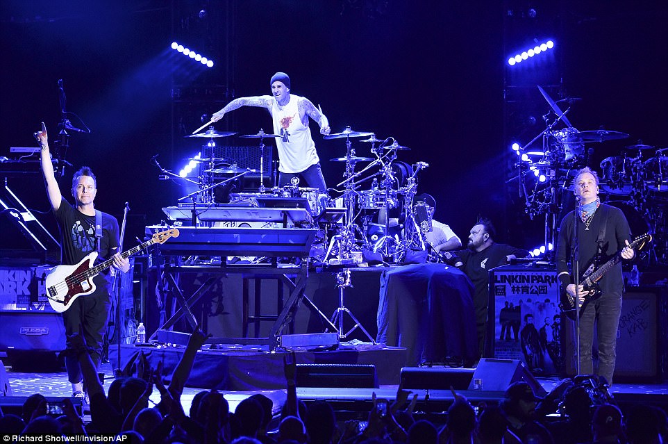 Members of Blink-182 perform during the event honoring the Linkin Park singer. The band won Grammys for best hard rock performance in 2001 for 'Crawling' and best rap/sung collaboration for 'Numb/Encore' in 2005