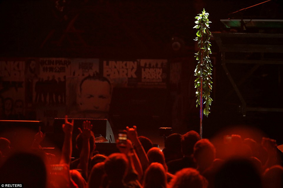 A wreath is pictured hanging on a mic stand during the tribute concert. Bennington previously said of his band's music: 'We're making music for us, that we like. We're not making music for other people'