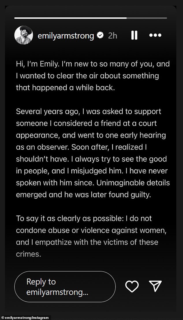 Armstrong, who once fronted the group Dead Sara, said on Instagram Stories Sunday said that she 'shouldn't have' supported Masterson by attending one of his court hearings