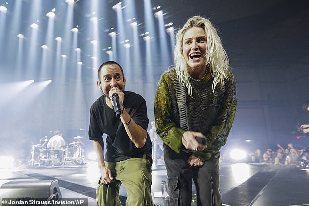 Shinoda and Armstrong pictured onstage in LA earlier this month